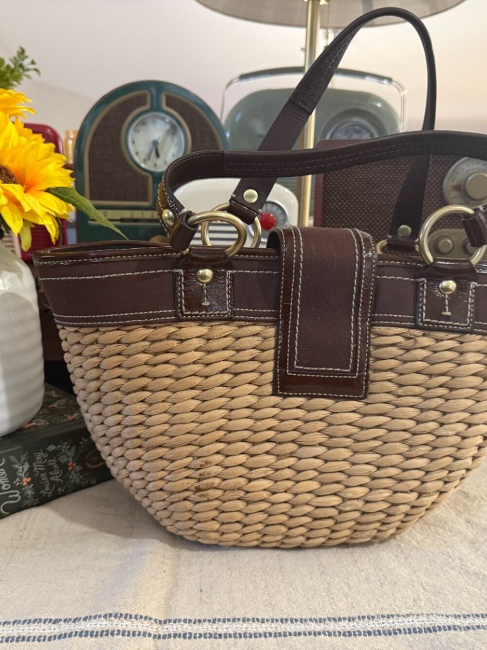 Coach Legacy 10728 Woven Straw Espresso Leather Basket Tote Bag - Picture 4 of 7